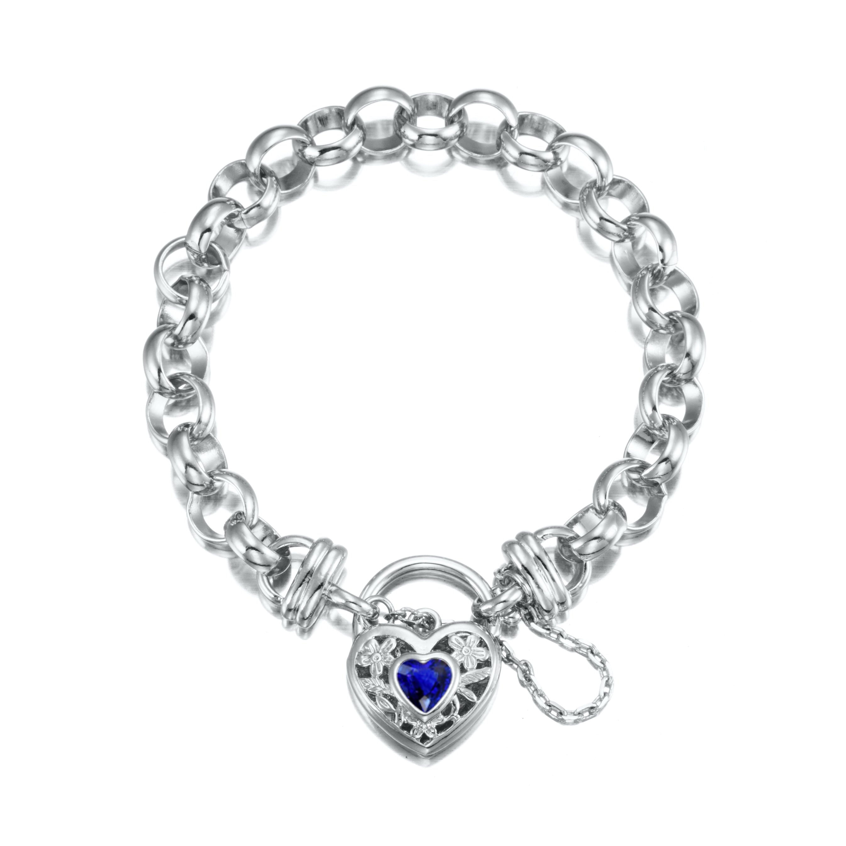 925 Sterling Silver Plated 10mm Belcher Chain Bracelet with a Dark Blue Filigree Locket - USA Made-0